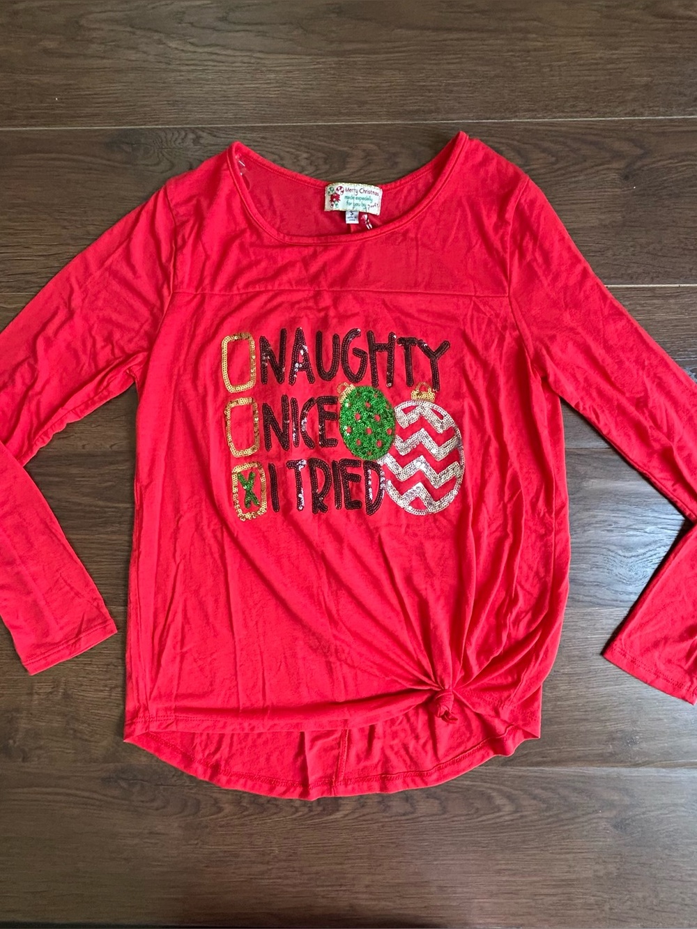 Merry Christmas from Poof! Naughty, Nice, I Tried Sequin Long Sleeve Top S